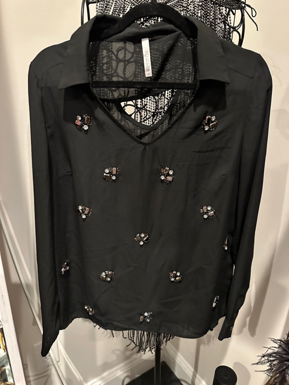 Solgee USA Embellished Black V-Neck Collared women’s Shirt stone embellished